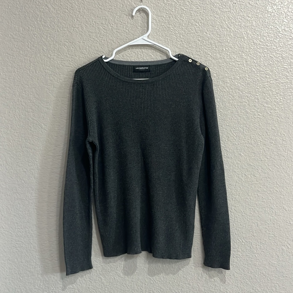 Liz Claiborne medium Gray Sweater long sleeves gold button accent